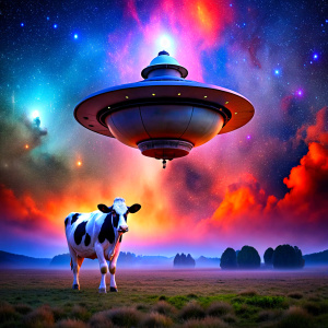 Spaceship kidnapping a cow. It is floating in the air below the ship and its light