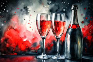 a bottle of champagne and two poured glasses