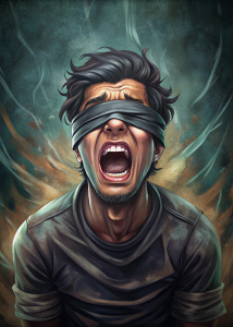 Horror artwork, Grim Full body, Blindfolded with black tape, Bangladeshi young man mouth sealed with tape, Screaming in pain, Messy Hair, in a dark room, Hands tied, wearing Black t-shirt, Tapes, Simple background
