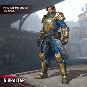 Gibraltar, the Apex Legends character, in his Imperial Defender Legendary skin. He is heavily armored with gold and blue metallic accents. The game interface on the side shows purchase details and related items.