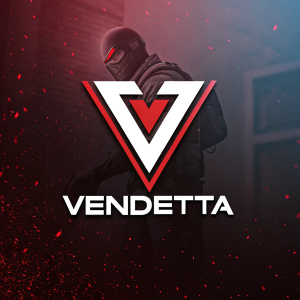 Dynamic new logo for Vendetta. Bold 'V' symbol in angular design. White and red colors. Sans-serif font for brand name.