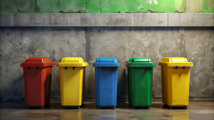 realistic. 4 type 4 color garbage beside wall.