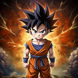 small cute son Gohan from dbz , wearing his clothes , torn clothes , wounded body , exhausted, standing , aesthetic background, 32k, uhd, japanese anime art style