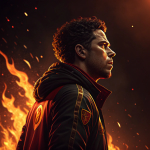 3D digital illustration featuring Daniel Chávez. Fiery backdrop with intense lighting. Dark red and gold color scheme.