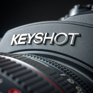 The KeyShot logo, with its sleek, modern design, stands out against a dark background. The emblem's reflective surface and intricate details make it a beacon of recognition in the world of branding. Close-up view of the logo's font and lines.