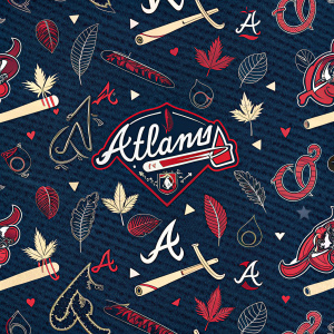 A vibrant digital wallpaper featuring a seamless pattern of the Atlanta Braves logo. Dark navy background. Stylized version of the logo includes cursive team name and graphic elements. Consistent use of deep navy, red, and white colors throughout the design.