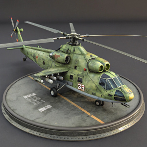 Digital 3D render of Mil Mi-24 helicopter. Detailed design and camouflage pattern. Green color with desert camouflage. Elevated on round base. High-resolution and detailed 3D.