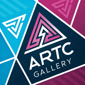 Artc Gallery logo design. Dynamic layout with geometric elements. Vibrant colors like blue, magenta, and black. Modern, sans-serif typography