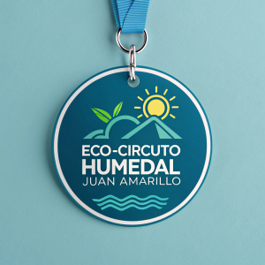 Modern, sleek logo design for Eco-Circuito Humedal Juan Amarillo. Bright, vivid blue-green color scheme. Minimalist, graphic style.