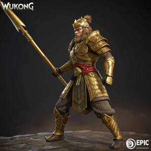 Digital illustration of Wukong from Paragon, standing in battle-ready stance. Golden warrior outfit, intense gaze. Large golden weapon in hand. Dark background highlights armor textures and details. Epic Games logo at bottom. 3D render with intricate lighting and shading.