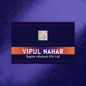 Business card for Vipul Nahar, Digite Infotech Pvt Ltd. Modern design with sleek lines and a dominant QR code. Dark, textured background. Orange and white color scheme. Professional and clean layout with essential contact information.
