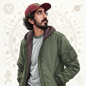 Dev Patel, with a beard and curls, wearing a green jacket and maroon cap, at the Tribeca Film Festival. Gray t-shirt. White background with intricate symbols