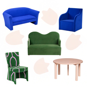 Generate several pieces of unusual furniture for the Henri Matisse designer furniture bureau in one photo