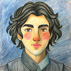 He has dark skin, curly black hair, brown eyes, and redness on his cheeks, as if he had applied blush.(eril)
