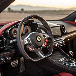 Close-up of the Ferrari F8 Tributo dashboard. Sleek, modern design with intricate controls and luxurious materials.