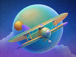 biplane in studio ghibli style  in the middle of the blue sky, minimalist ardeco aesthetics