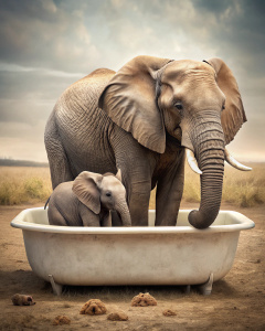 Mum and Baby Elephant in Bathtub