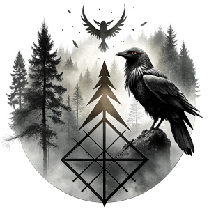 Yggdrasil - vegvisir geometric Symbols - raven and trees - perfect realistic art, high-definition, high-definition grey and black, white background 