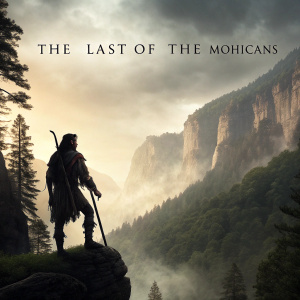 Book cover illustration for The Last of the Mohicans. Dramatic scene with a lone Native American warrior standing against a backdrop of dense forest and looming cliffs.