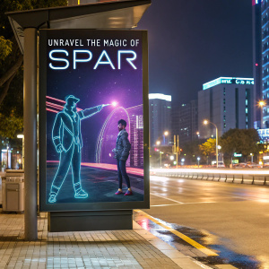 In a futuristic urban landscape, the neon lights of technology contrast with the ancient call of creativity. 'Unravel the magic of SPAR,' invites the digital billboard. A vibrant array of holographic figures form the word, shimmering in the night.