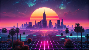 Distant Synthwave Cityscape, (masterpiece), (beautiful), (UHD, HDR), (8k), (highres:1.2), (ultra detailed), (cinematic), (synthwave), (synthwave far distant cityscape), lora:add_detail:1, distant giant sun setting in distance, perfectly centered composition, horizontal lines, palm trees, ultra detailed, dslr, HDR, 4k