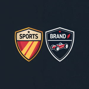 Two logos designed for a sports brand. Left logo resembles a racing car shield with vibrant colors and bold font. Right logo is sleek and modern, featuring a minimalist approach with a small, elegant font. Both logos are prominently displayed against a dark background.
