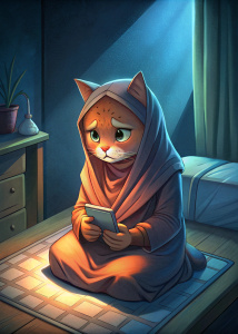create a comic style  scene, a very sad brown muslim cat with a headscarf, sitting on the bed in the dark and she is illuminated by the light of her smartphone, she is looking at the smartphone