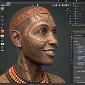 Screenshot of Blender 2.9 software showcasing 3D sculpting interface. Character's face with warm friendly expression and intricate tribal patterns. Dark-toned backdrop. Panels, tools, and menus visible.