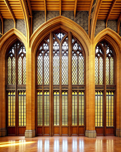 grand lobby wood hight wall hight 4 window gothic glass- high-definition - brown and black wood wall- old wood grey -nature stone floor background 