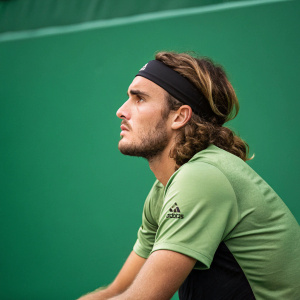 Stefanos Tsitsipas, tennis player, sitting in quiet thought, wears green shirt, black band. Intense focus, long hair, facial hair, green backdrop