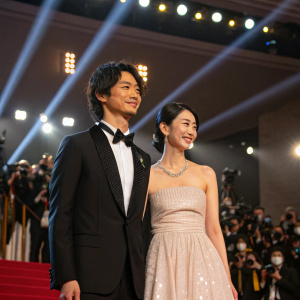 Actors Shotaro Mamiya and Ayami Nakajo attending a glitzy awards ceremony. Lavish stage with spotlights and crowd cheering.