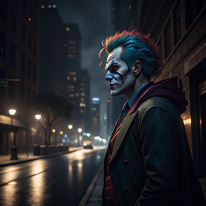 High-resolution 3D render of the Joker character. Blue and red hair, intense stare, standing on a dark city street at night