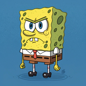 Digital art of SpongeBob SquarePants. Dark, serious expression. Flat design with bold outlines. Solid blue background