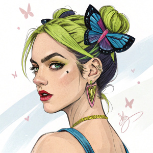 Digital art of Jolyne from JoJo's Bizarre Adventure. Sketch style with vibrant color accents. Butterfly earring, bold makeup. Simple white backdrop.