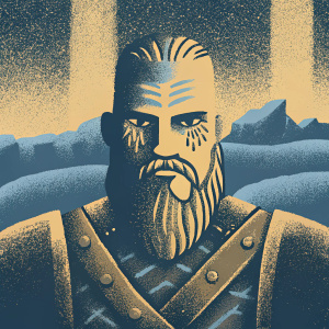 Digital illustration of Ragnar Lothbrok from Vikings TV show. Bearded, intricate facial tattoos, and viking attire with brown leather elements. Fantasy landscape background