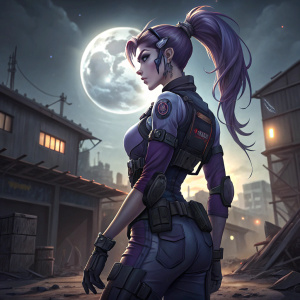 Widowmaker, with her striking pale features and athletic build, stands confidently in her tactical outfit. Soft fabric contrasts with armored sections, while her ponytail moves gracefully. The setting is an abandoned industrial site under a glaring moonlight.