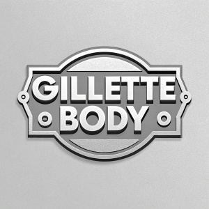 Modern logo design featuring Gillette Body. Simple, clean sans-serif font in metallic finish. Monochromatic theme with reflective sheen. Flat design with sleek, premium look.