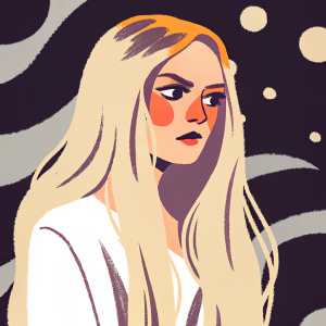 Digital illustration of Avril Lavigne. Long blonde hair, serious expression. Modern, artistic style with soft and vibrant elements. Abstract, colorful background in shades of blue.
