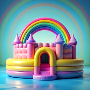 A very spongy small castle-shaped inflabe made of plastic with a rainbow behind it