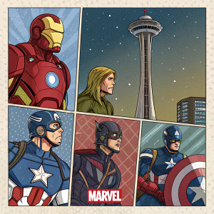 Comic book style illustration featuring various avengers superheroes. Stark Tower and outer space backgrounds. Each hero poses uniquely with detailed costumes. Grid layout with Marvel logo