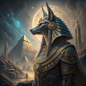 Digital art depicting Anubis, the Egyptian god of the dead. Majestic, stylized form with intricate details. Gray, gold, and blue hues complement each other. Artist's精湛技艺的证明