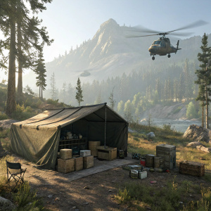 A virtual campsite in Ghost Recon Breakpoint. Tarp-covered shelter with boxes and gear around. Digital helicopter hovering in the background.