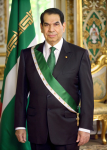 President Ben Ali double-breasted suit, white-green sash. Stands up. In arabic elegant palace.
Green flags. Looking at camera. Overview, farway