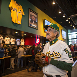 Rollie Fingers, in his iconic baseball attire, now standing in a modern sports bar. The background showcases sports memorabilia and a vibrant crowd.
