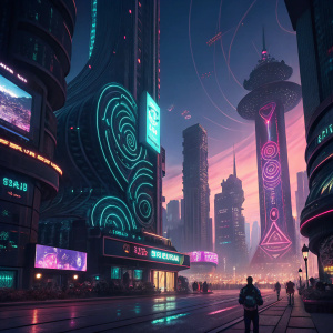 Concept art for Cyberpunk 2077. A neon-lit cityscape with intricate, futuristic architecture and swirling patterns.