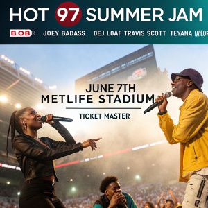 Promotional image for Hot 97 Summer Jam featuring performances by B.O.B., Joey Badass, Dej Loaf, Travis Scott, and TeYana Taylor. Event date June 7th at MetLife Stadium. Ticket info available at Ticketmaster.