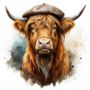 highland cow wearing cap, isolated, no background, high quality, watercolor style