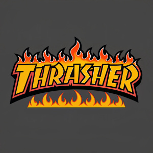 Stylized logo design for Thrasher Magazine. The text 'THRASHER' in bold font with jagged flames in shades of orange and yellow outlining the letters. The logo conveys a powerful and aggressive vibe.