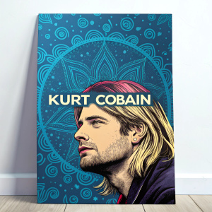 Kurt Cobain, frontman of Nirvana, captured in a vivid, close-up graphic design. The backdrop features vibrant blue hues and intricate patterns, echoing a modern pop art feel. His name 'Kurt Cobain' is artfully woven throughout the design.
