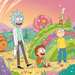 The cast of Rick and Morty, Rick Sanchez, Morty Smith, Summer Smith, Beth Smith, and Mr. Poopybutthole lounging on a bright, colorful set. Background filled with surreal, cartoon-like elements.